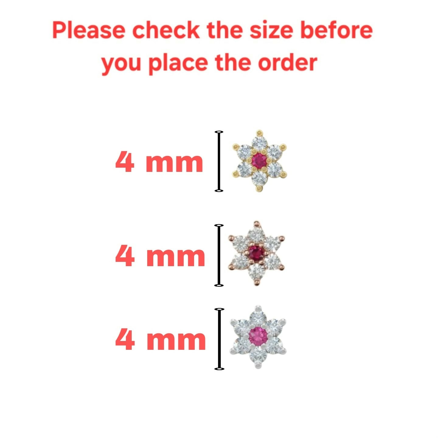 Gold, silver and rose gold plated Flower Ruby and AD nosepin Stud Combo Pack of 3