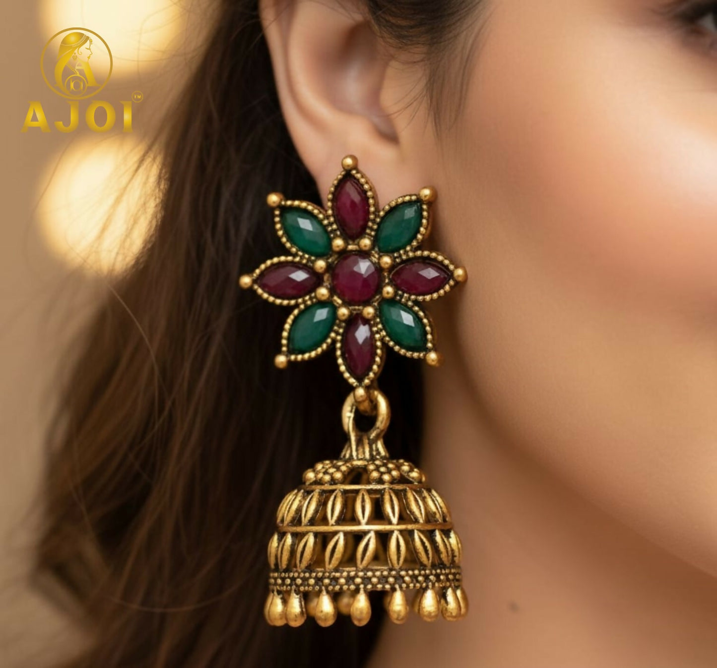 Close-up of elegant oxidized silver jhumka earrings in Royal Heritage Stud Earrings combo