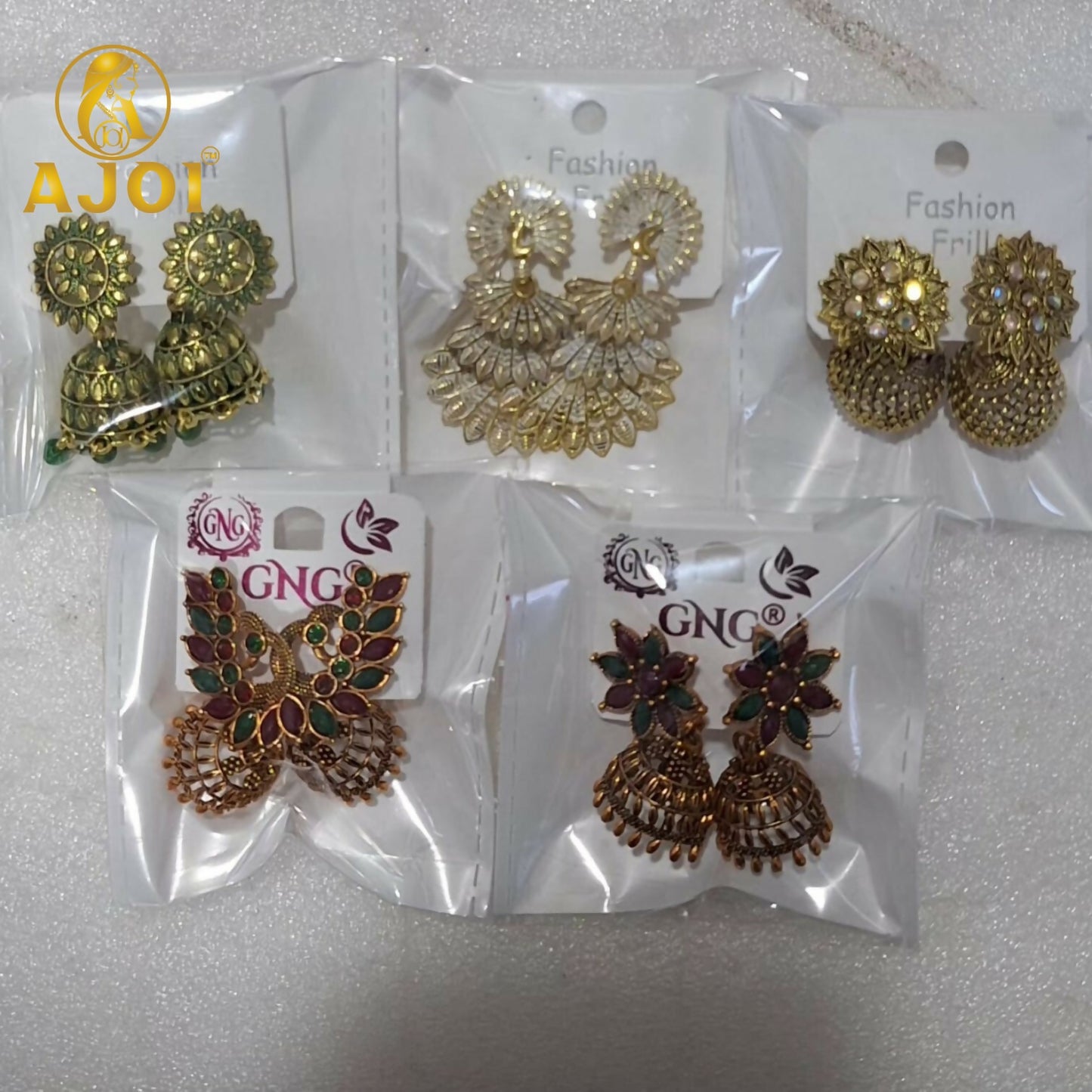 Ethnic Earrings Gold Plated Jhumka & Peacock Set of 5
