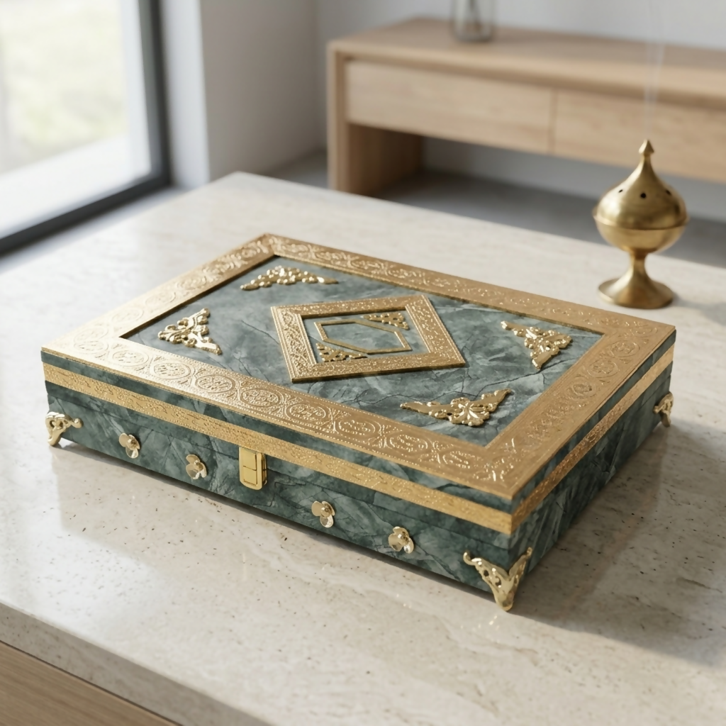 Close-up of intricate golden patterns and divine motifs on box lid