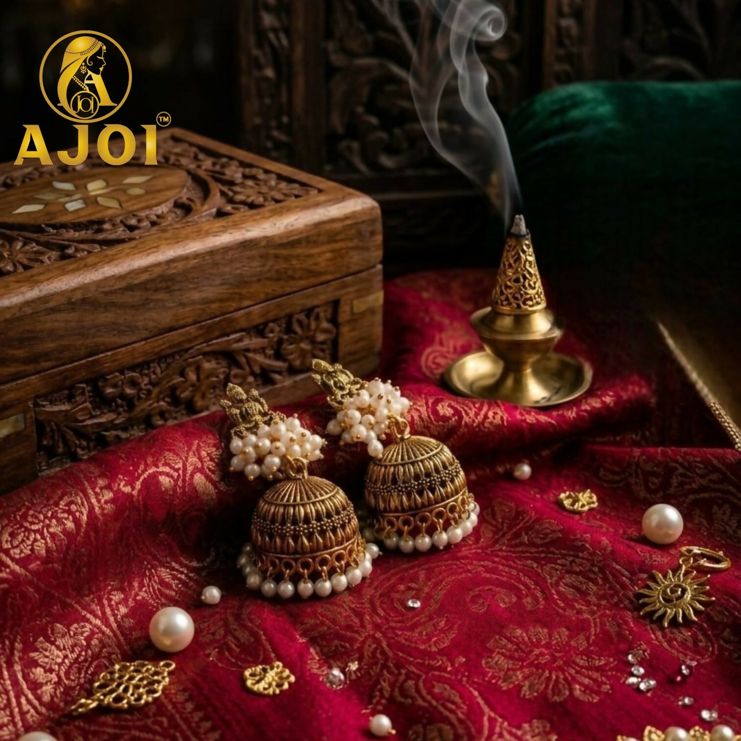 Close-up of pearl clusters on antique gold jhumka earrings