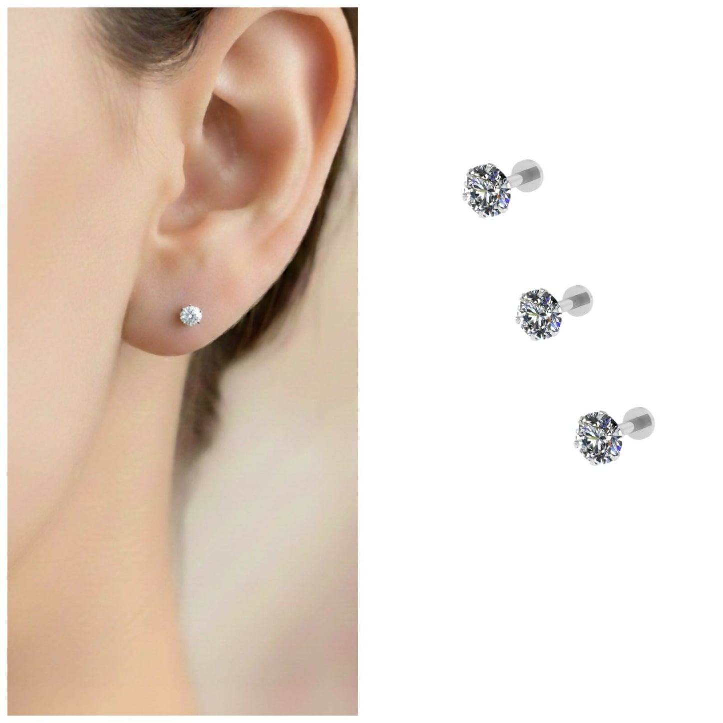Silver plated round flat back stud earrings set featuring cubic zirconia stones