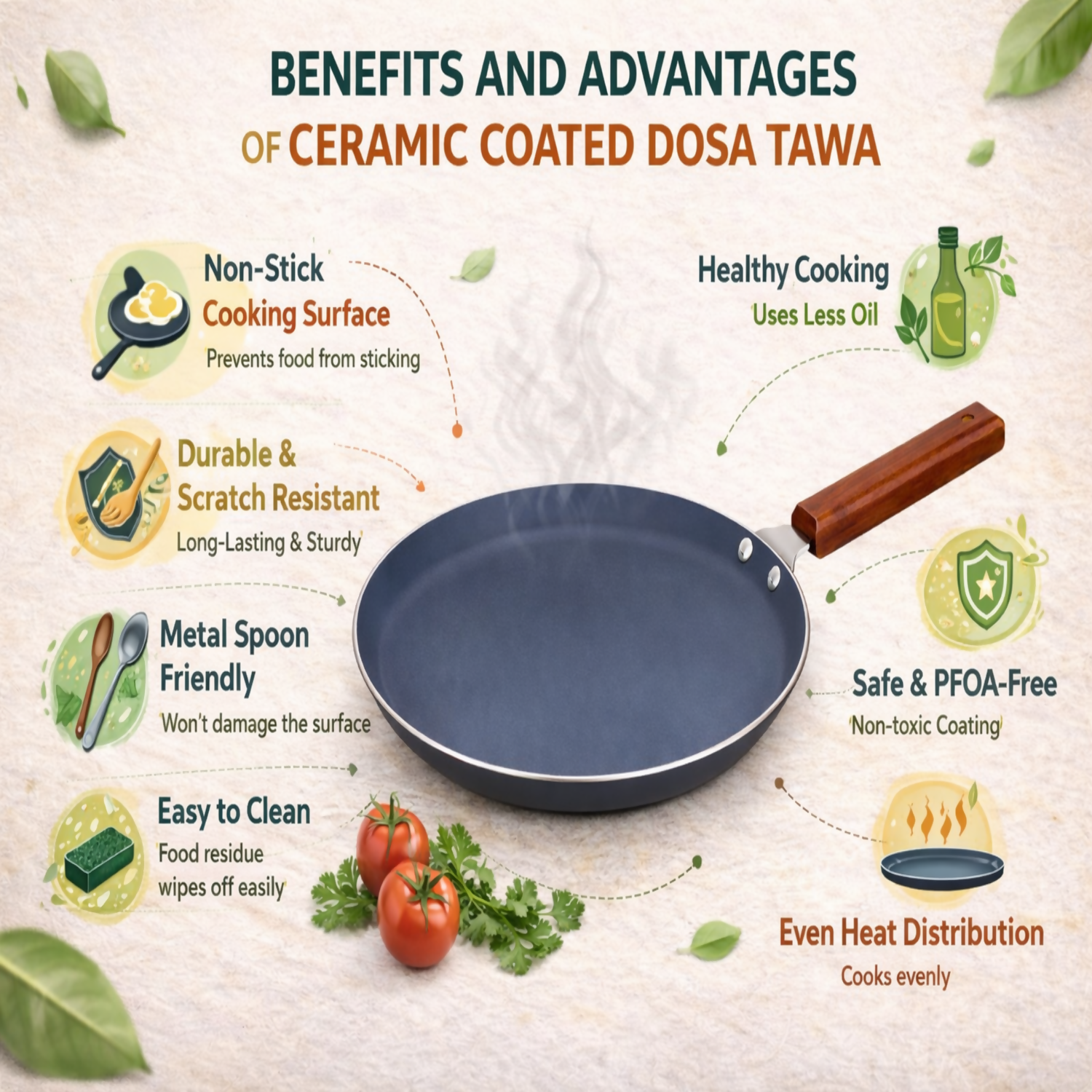 Top view of Vikas Ceramic Dosa Tawa Grey with wooden handle