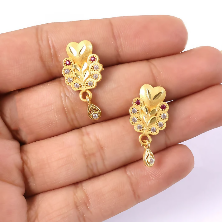 Floral Inspired Gold Stud Earrings With Central Stone And Teardrop Dangle Detail