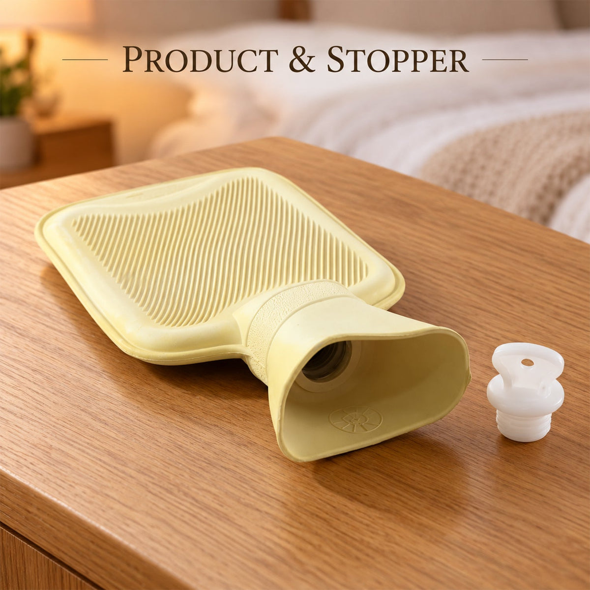 A light yellow hot water bottle with its white screw cap stopper sits on a wooden table, viewed from an angle.