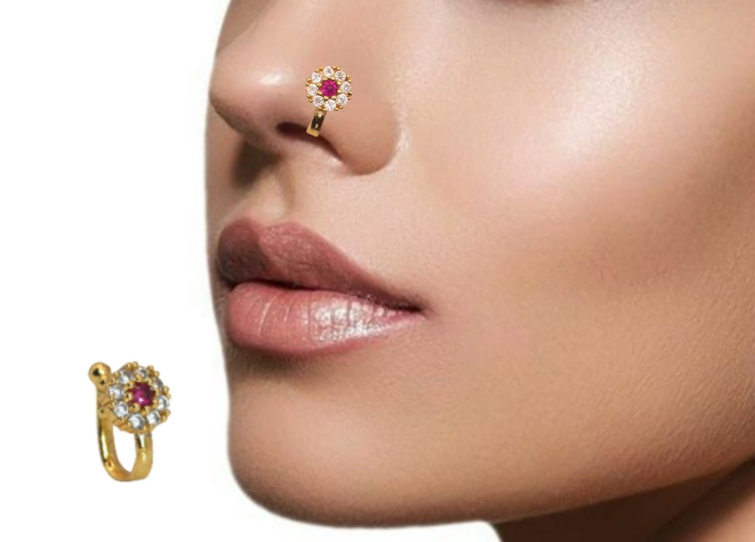 Ruby CZ Gold Plated Non-Piercing Flower Nose Ring/Clip On Nath Combo Pack of 2