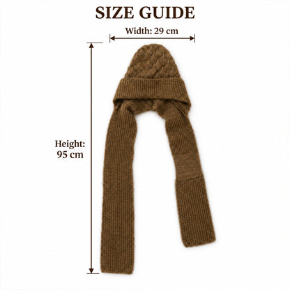 A brown knitted cap with an attached scarf is shown with its height and width dimensions.