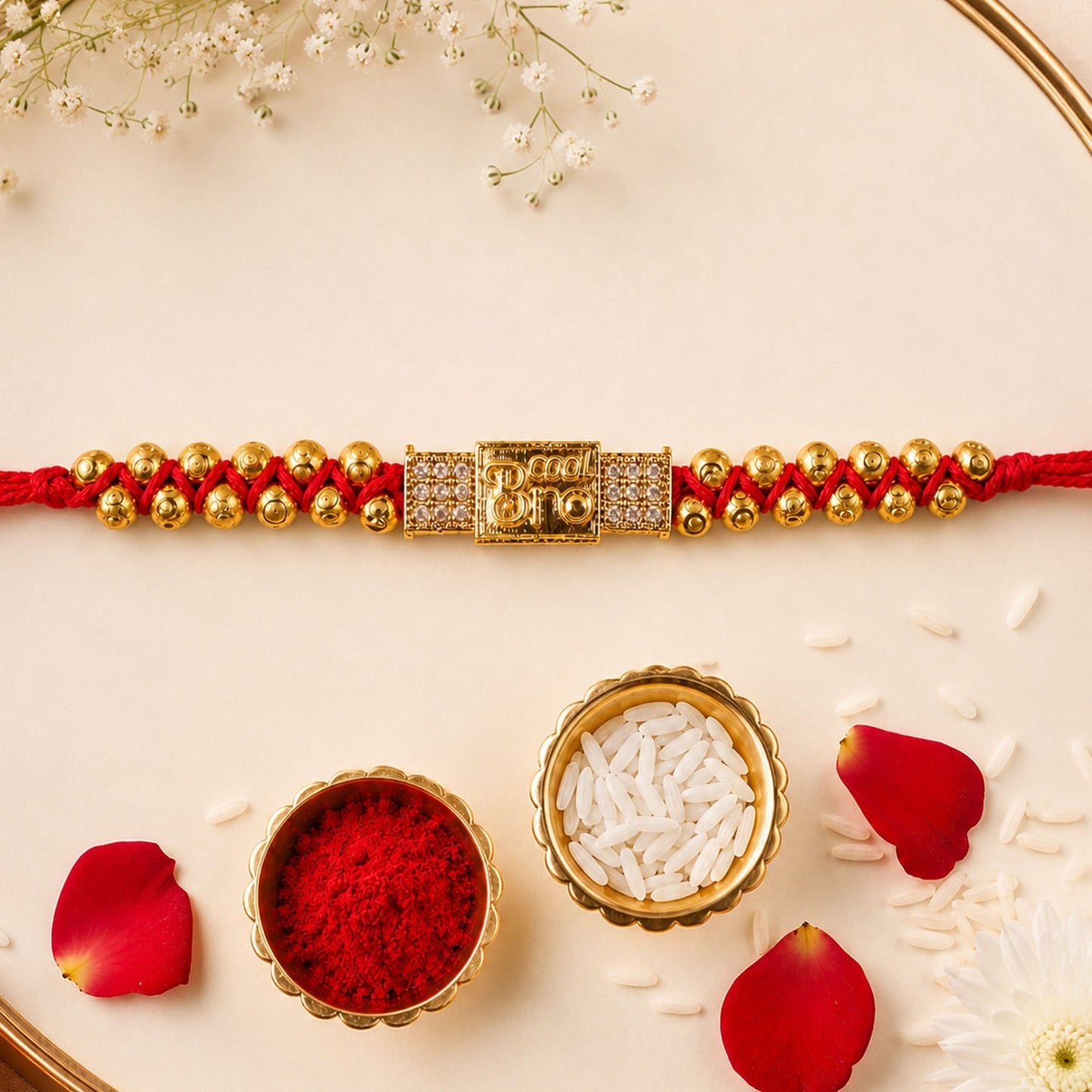 Brother Nameplate AD Stone Designer Rakhi with Gold Beads Gift Pack