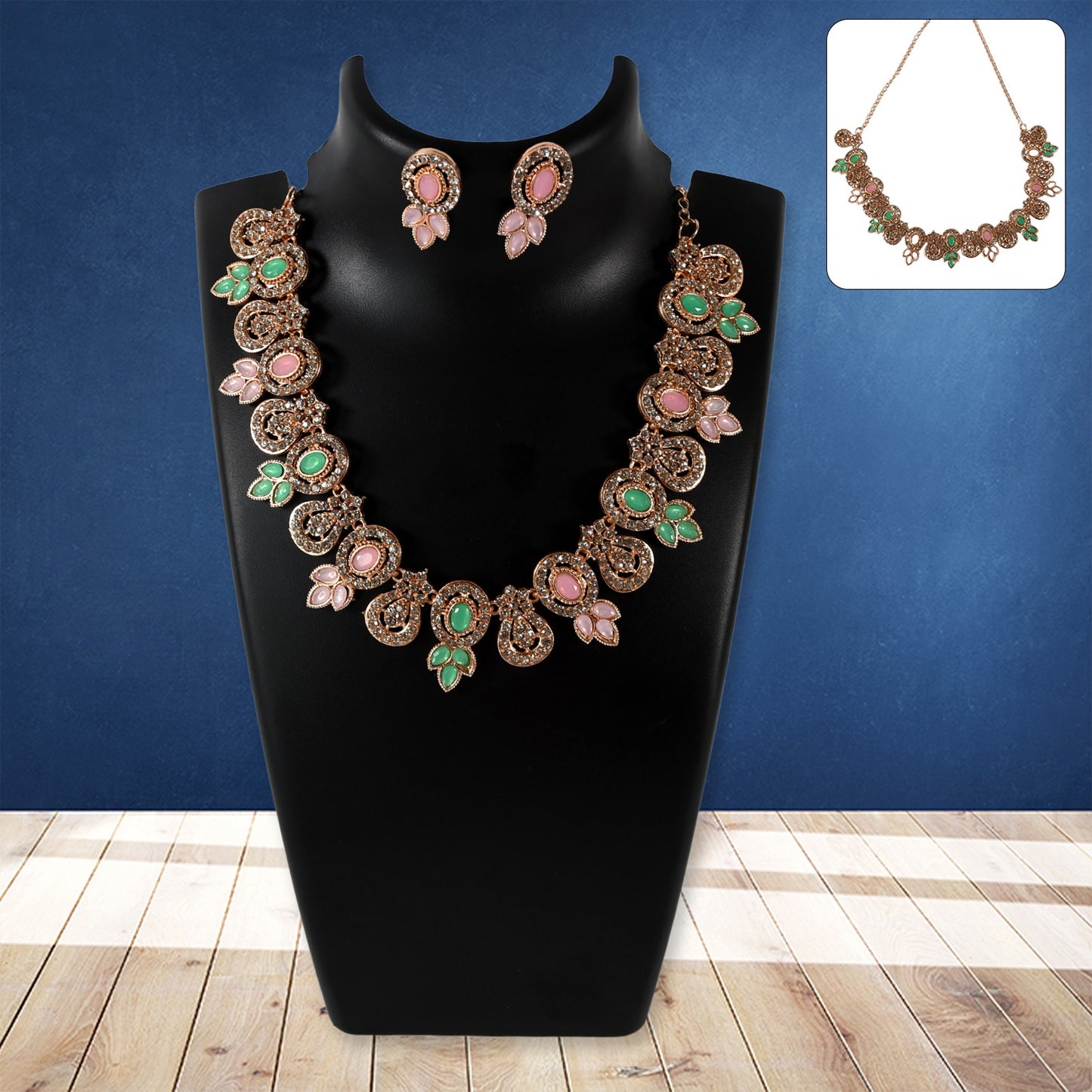 Elegant Pink & Green Diamond Necklace Set