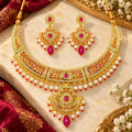 Traditional Golden-Plated Ruby Stone Necklace Set with Pearl Drops and Matching Earrings