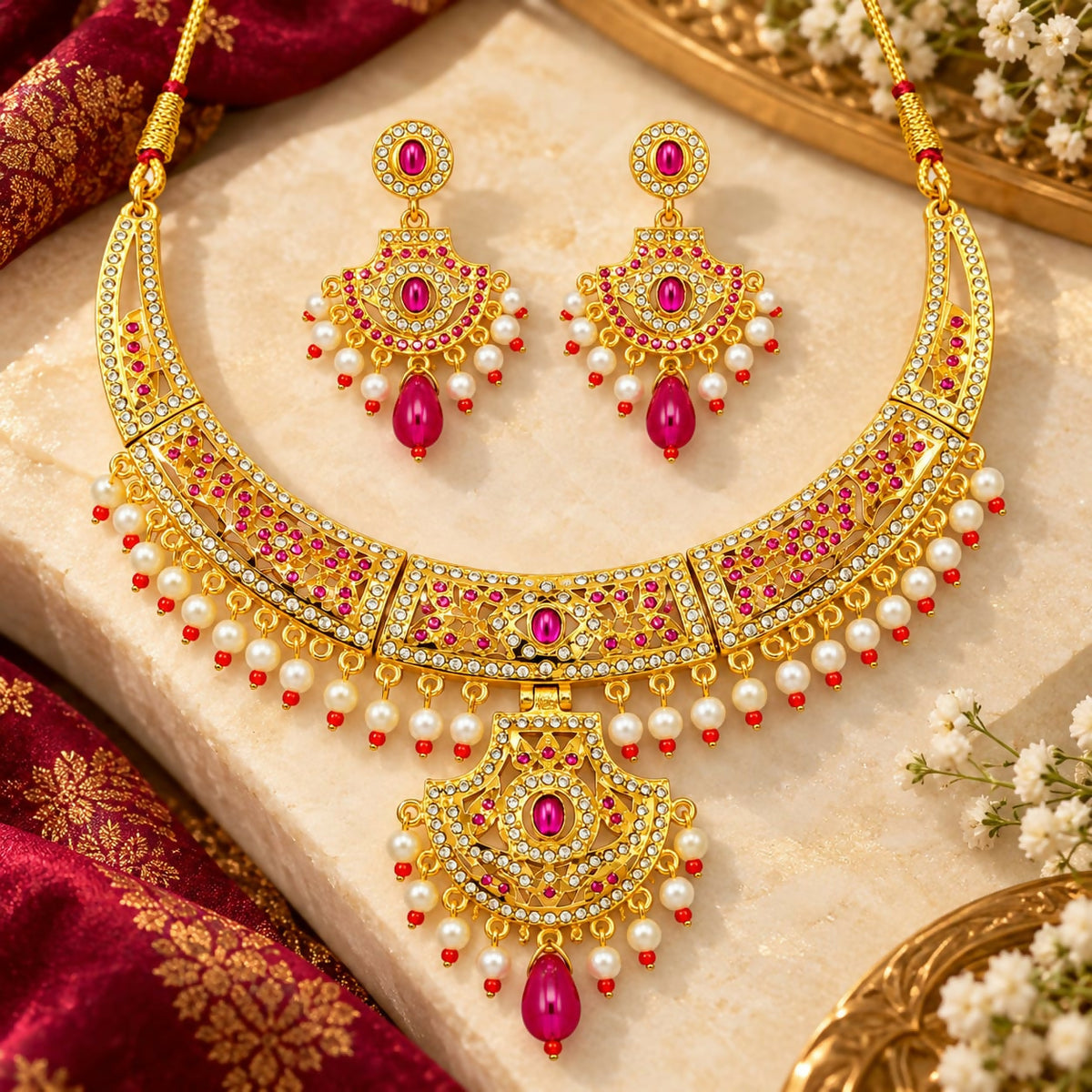 Traditional Golden-Plated Ruby Stone Necklace Set with Pearl Drops and Matching Earrings
