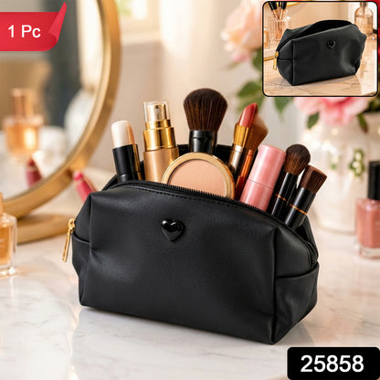 Black Faux Leather Zipper Makeup Pouch with Heart Detail (1 Pc)