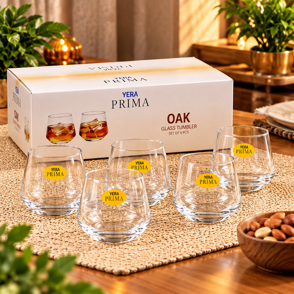 Yera Prima Oak Clear Glass Tumbler Set for Water, Juice and Drinks (6 Pc)