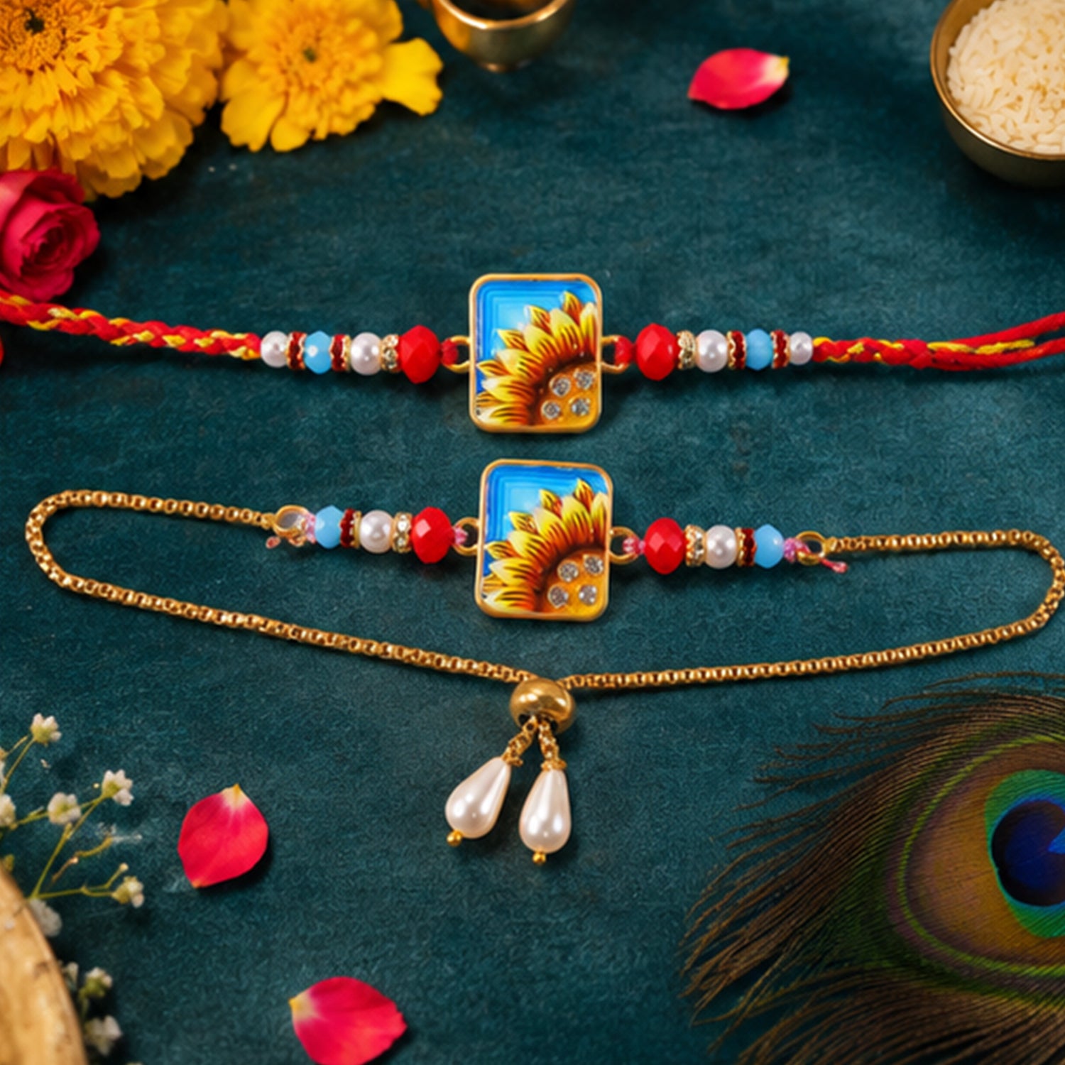 Sunflower Printed Rectangle Crystal Pearl Beads Bhai Bhabhi Rakhi Lumba Set