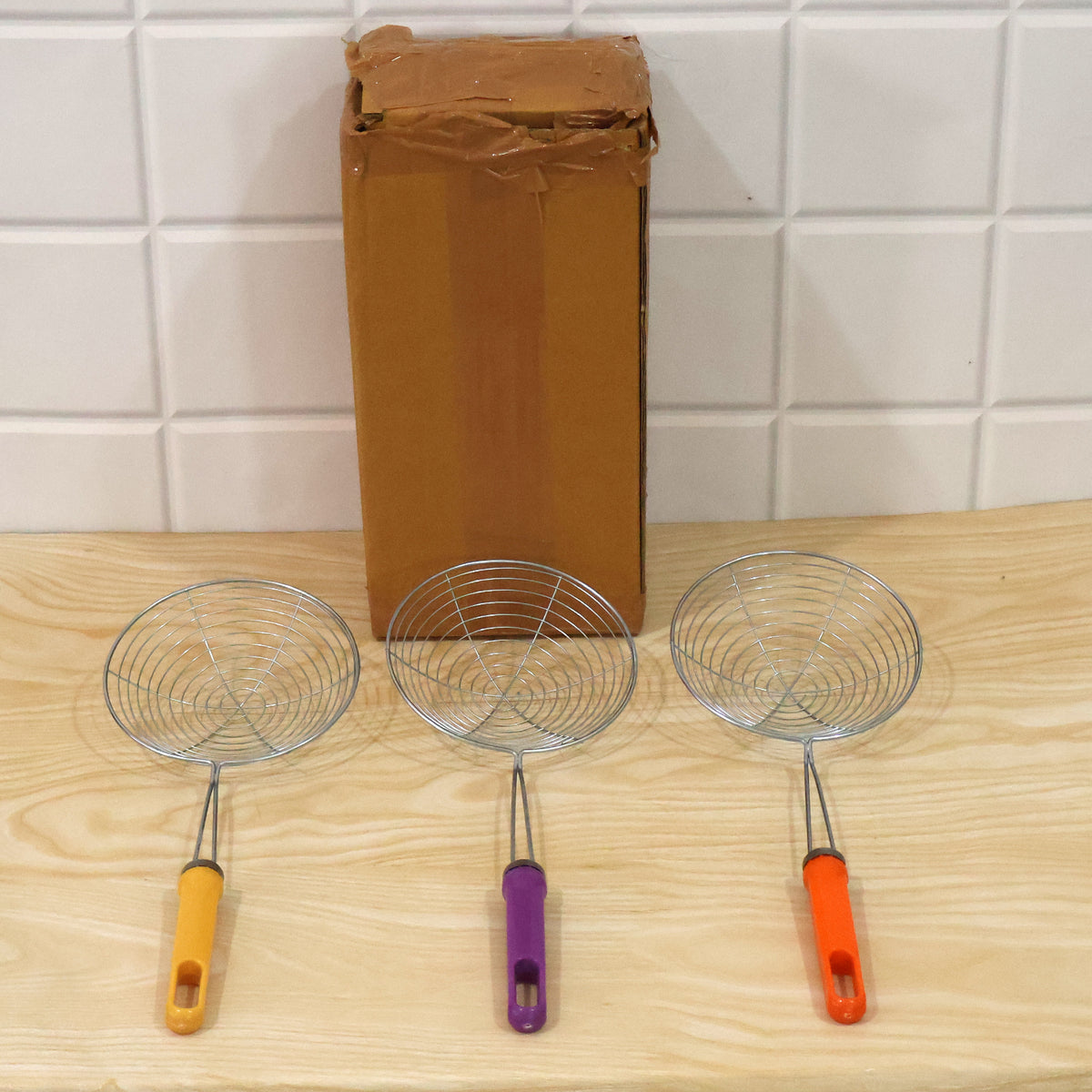 Stainless Steel Frying Strainer Spoons with Long Colour Handles (3 Pc)