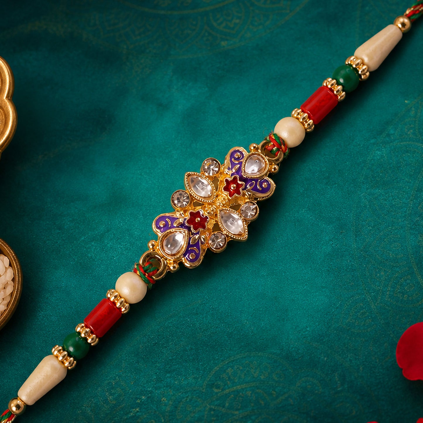 Designer Rakhi with Ornate Floral Medallion, bead line and gift style for Gift Use