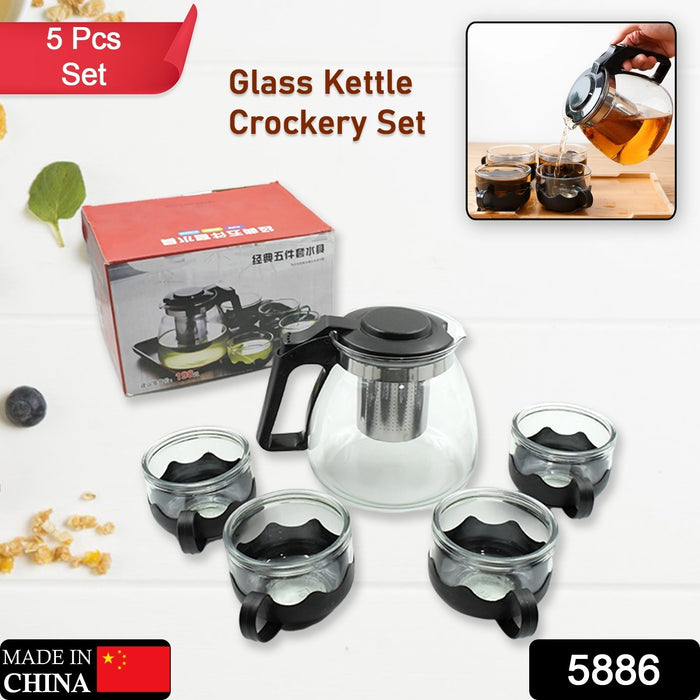5886 Flame Proof Glass Kettle & Cup  Set With Stainer High Quality Kettle Set For Home & Cafe Use  (4 Cup & 1 Kettle) (24 Pc Moq)
