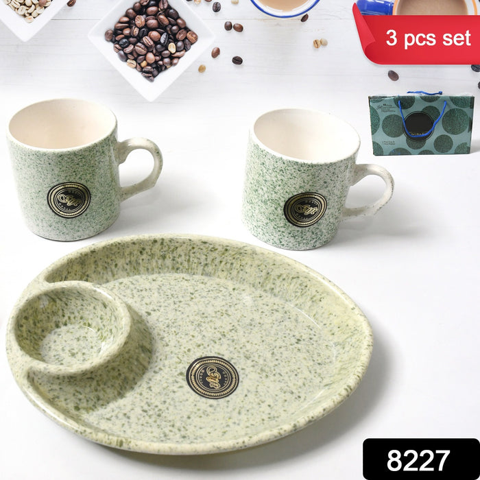 8227 Alpino Ceramic Tea / Cups Set With Plastic Serving 2 Compartment Platter, Milk Cup / Mug, Coffee Cup, Tea Cup BPA Free Food Grade, or Outdoor for Household Gift For Birthday (3 Pcs Set)