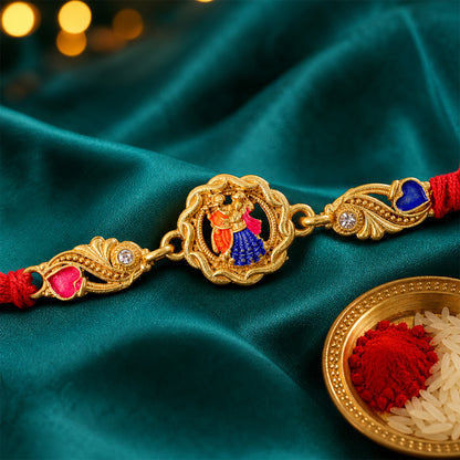 Gold-Toned Radha Krishna Rakhi with Multicolor Enamel, Crystal Accents & Red Thread