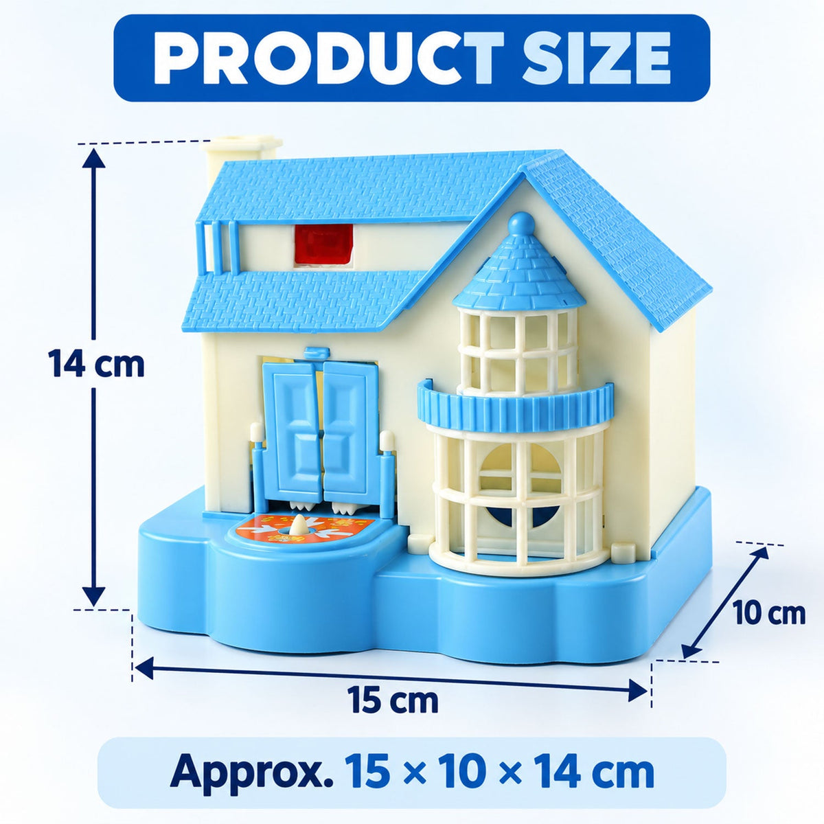The blue and white house coin bank with dimensions indicating its approximate size of 15 x 10 x 14 cm.