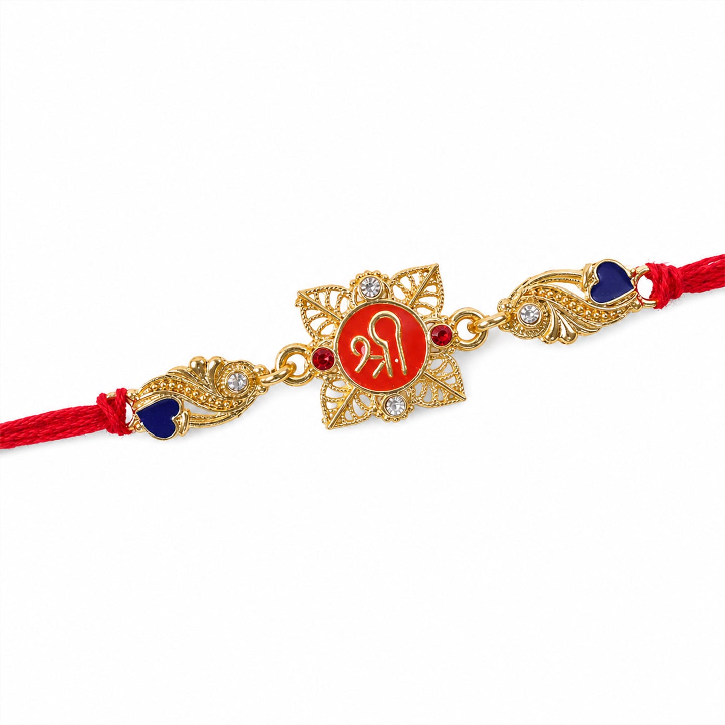 Festive Rakhi featuring Shri Plaque, leaf detail and thread style for Product Display