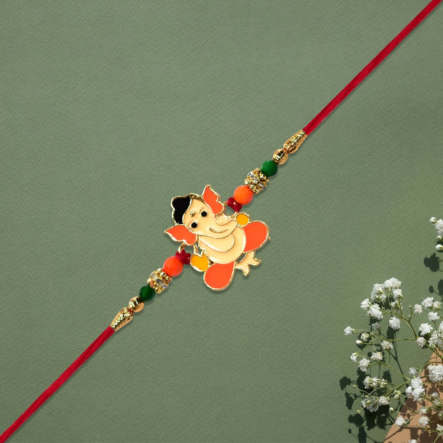 Bal Ganesha Rakhi Vibrant Orange-Green Beads & Red Thread (10pcs)