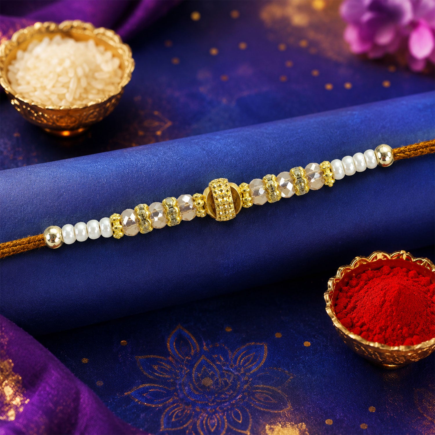 Minimal Pearl Golden Bracelet Rakhi with Sleek Beads and Elegant Red Thread