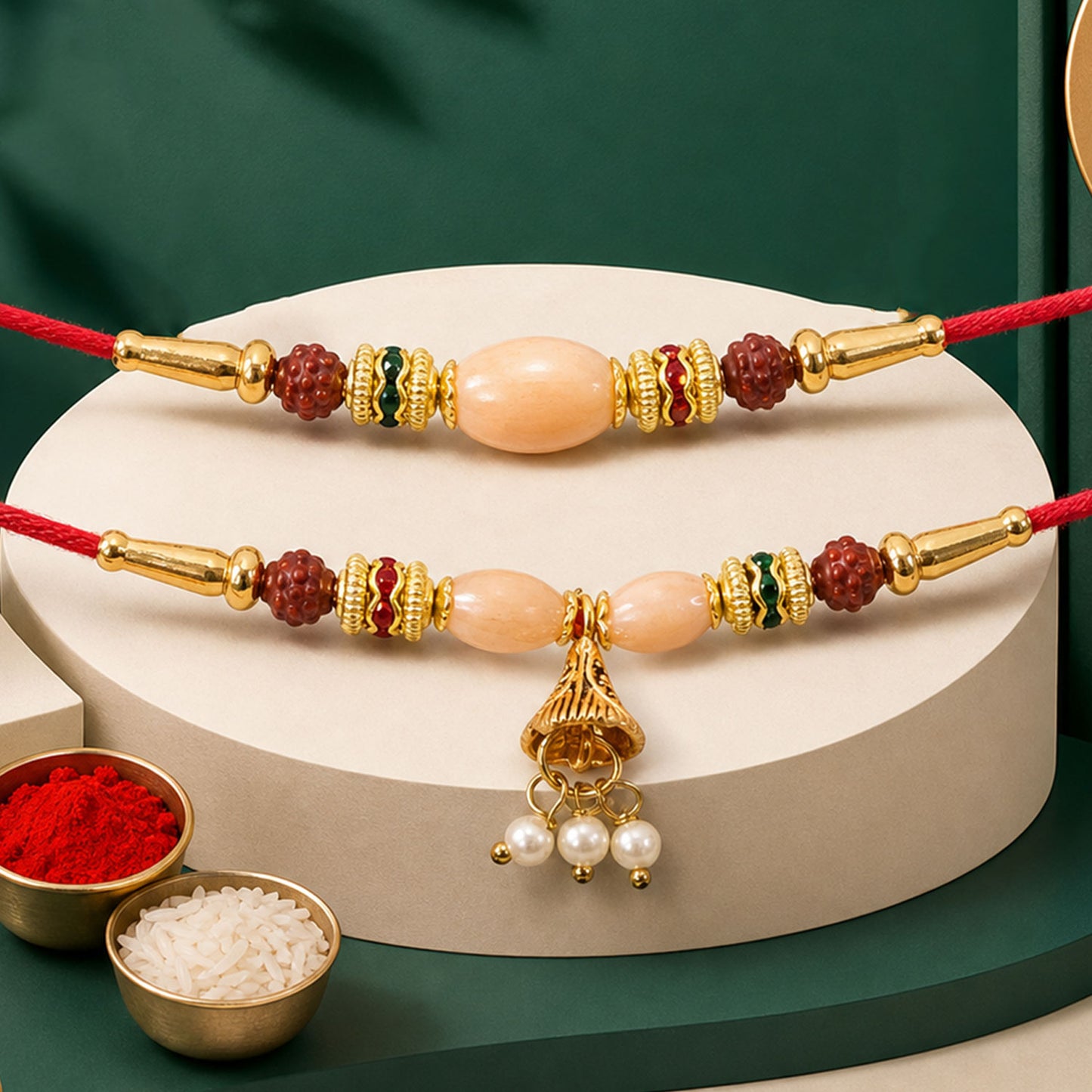 Couple Rakhi with Peach Oval Center Bead and Pearl Drop Charm