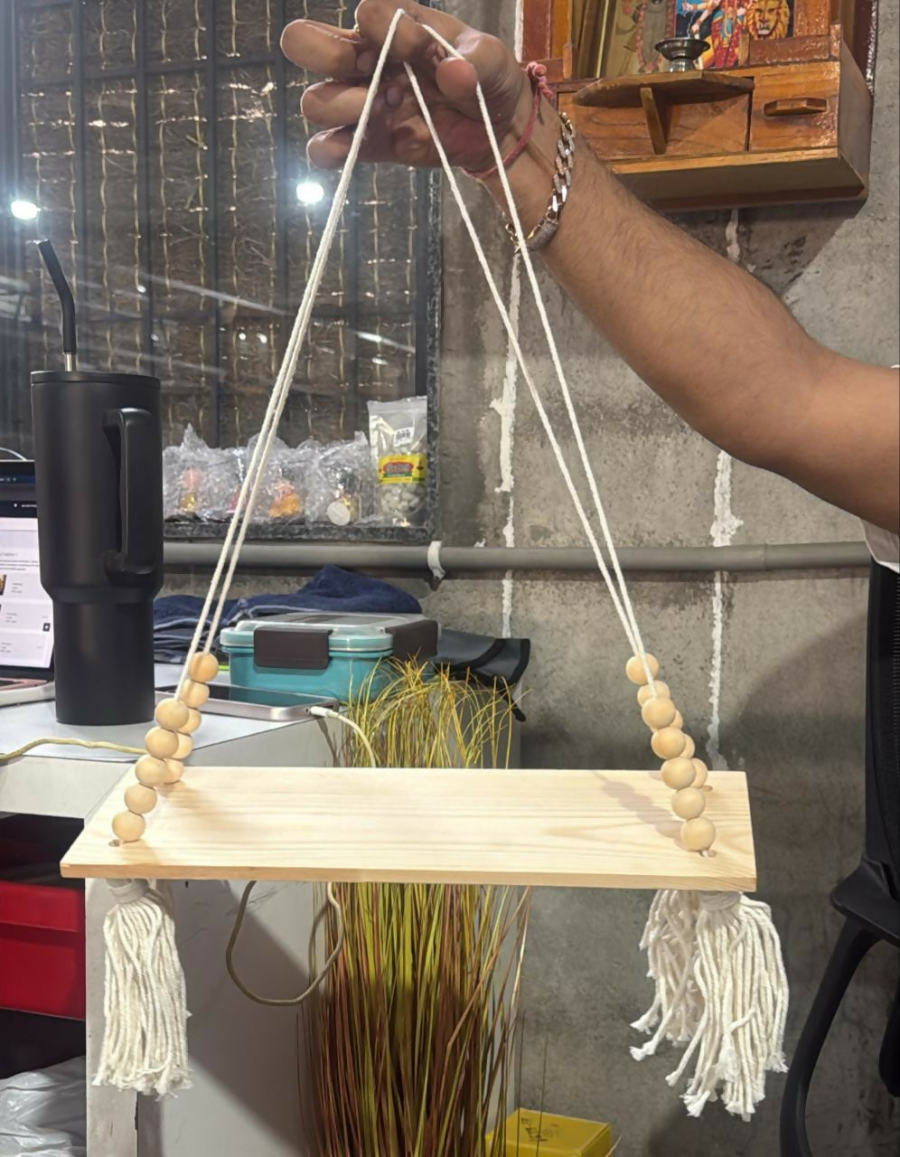 Wooden Hanging Shelf with Rope & Beads Decorative Wall Display Rack