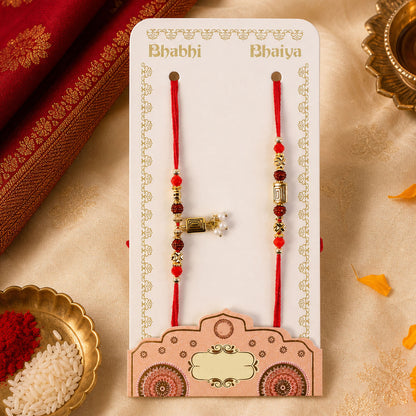 Rudraksha Geometric Rakhi Set with Pearl Lumba Charm for Festive Couple Gift Giving