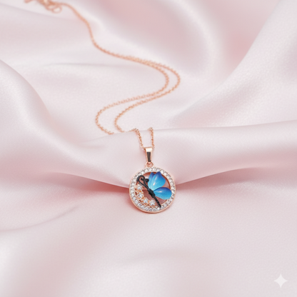 Blue butterfly pendant necklace in rose gold plating with circular design
