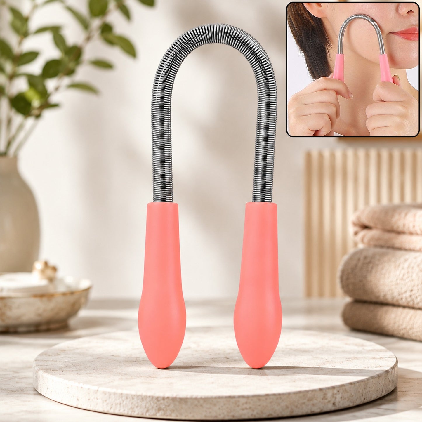 A pink and silver facial hair remover spring tool stands upright on a light stone surface, with a small inset showing it