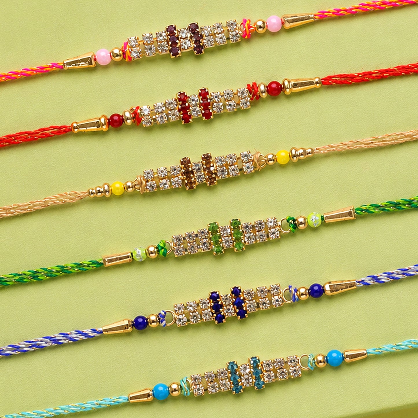 Twin Stone Band Rakhi in Mix Colour Silk Threads (Pack of 6)