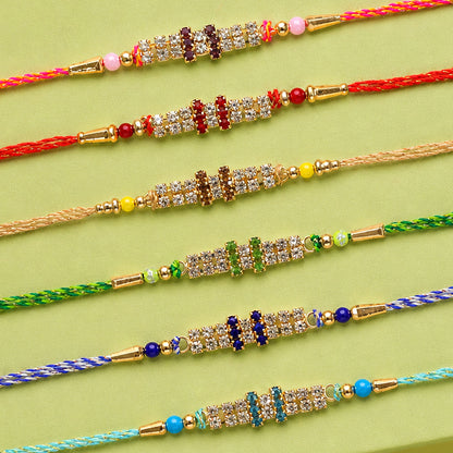 Twin Stone Band Rakhi in Mix Colour Silk Threads (Pack of 6)