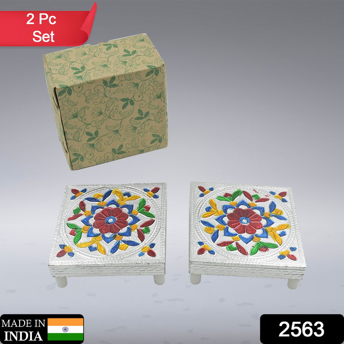 2 Pc Meenakari Wooden Chowki & Bajot Set: For Home & Office Puja (Multicolor)