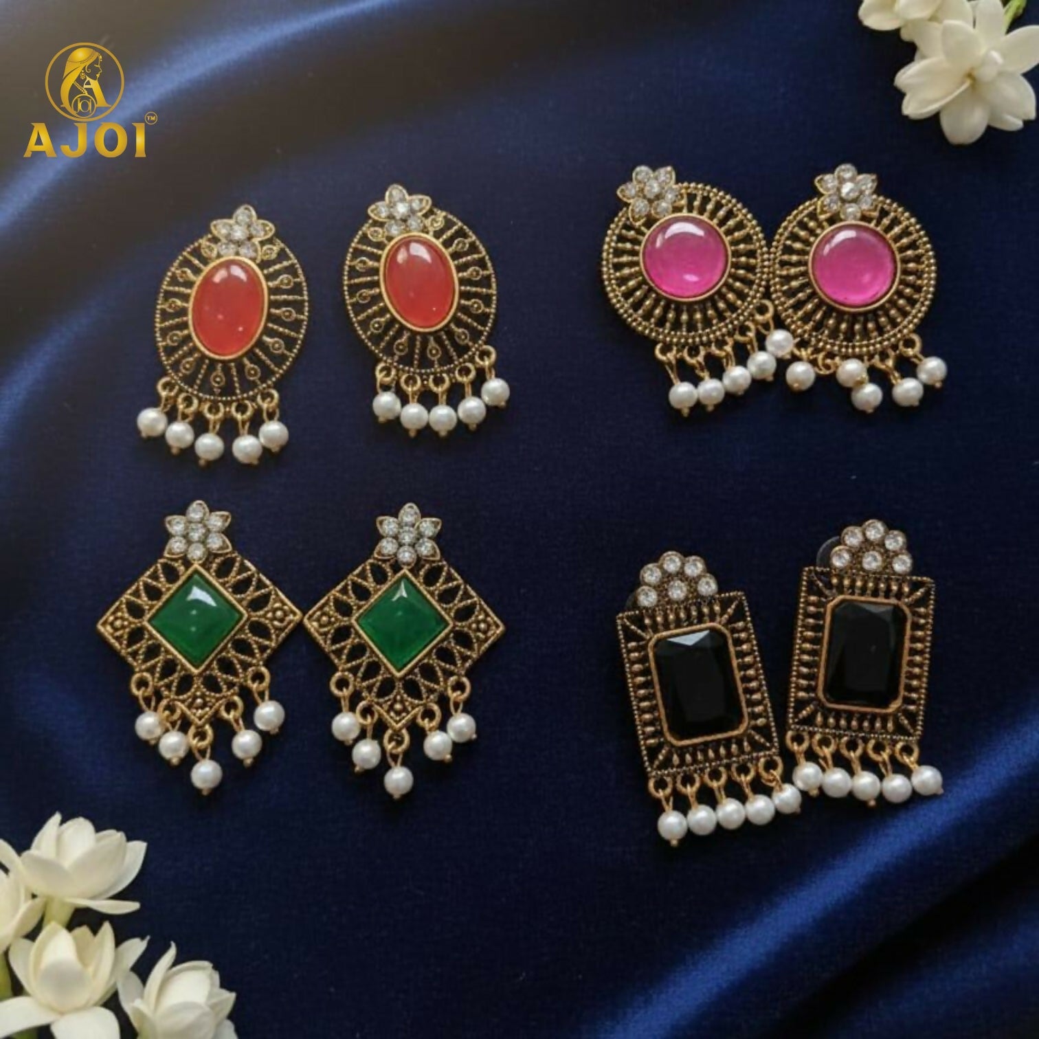 Black stone antique pearl drop earrings in traditional style