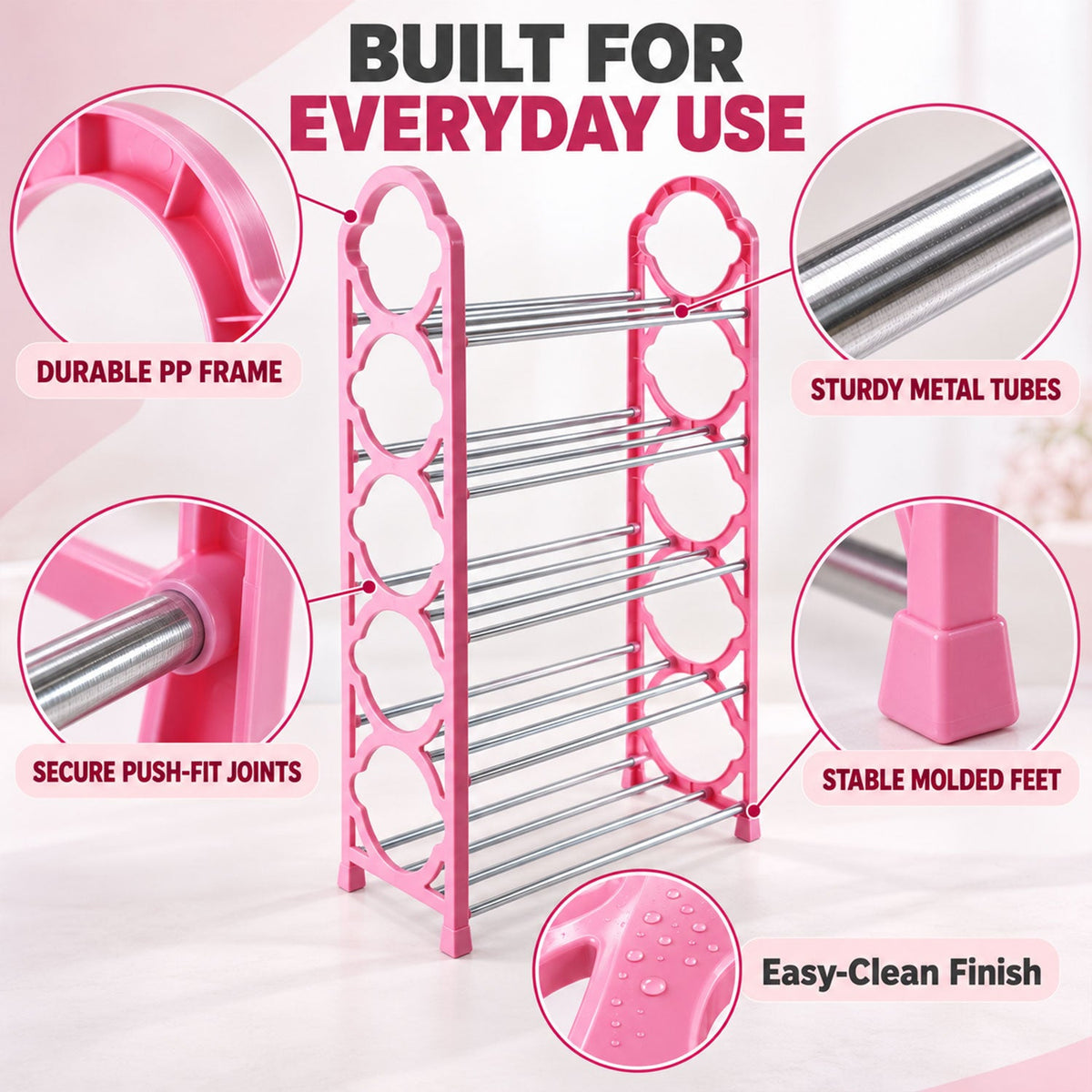 Shoe Storage Rack with Plastic Sides & Metal Rods for Home Entryway (5 Layer)