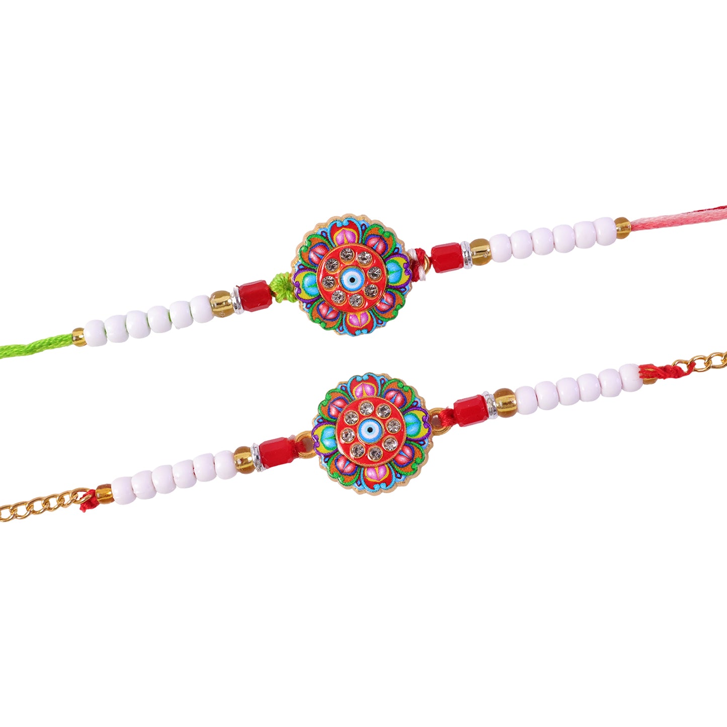 Round Floral Evil Eye Crystal Pearl Beads Bhai Bhabhi Rakhi Set
