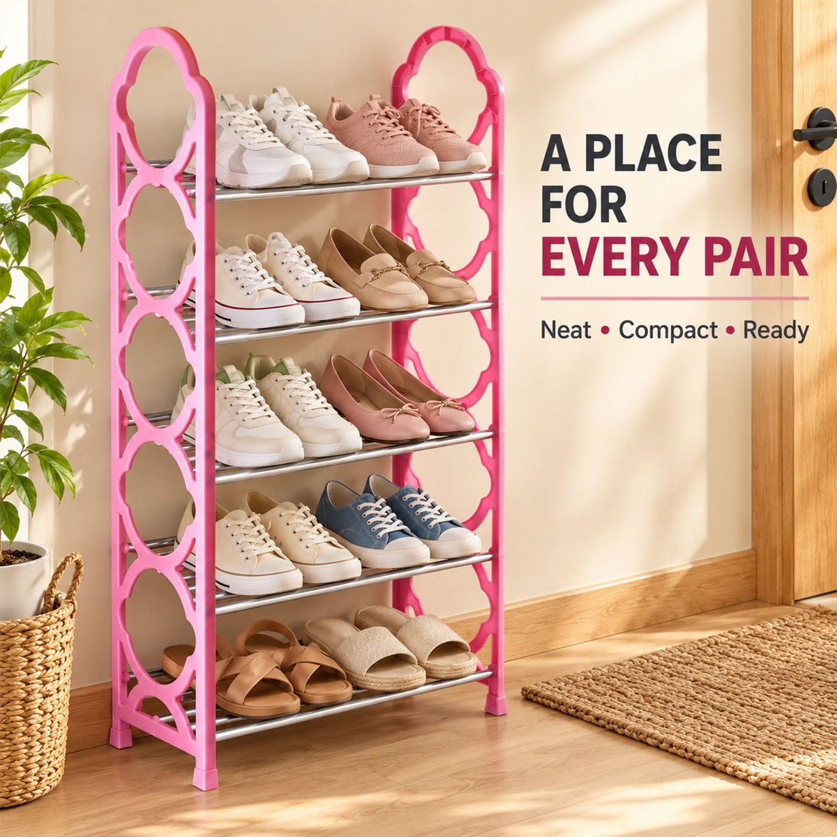 Shoe Storage Rack with Plastic Sides & Metal Rods for Home Entryway (5 Layer)