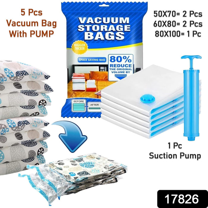17826 Vacuum Storage Bags with Suction Pump & Shirt clips - Vacuum Bags - Big Capacity Vacuum Seal Bags for Travel Clothes Blankets Pillows, Compression Bags | Space Saver Vacuum Storage Bags (5 Pcs Set)