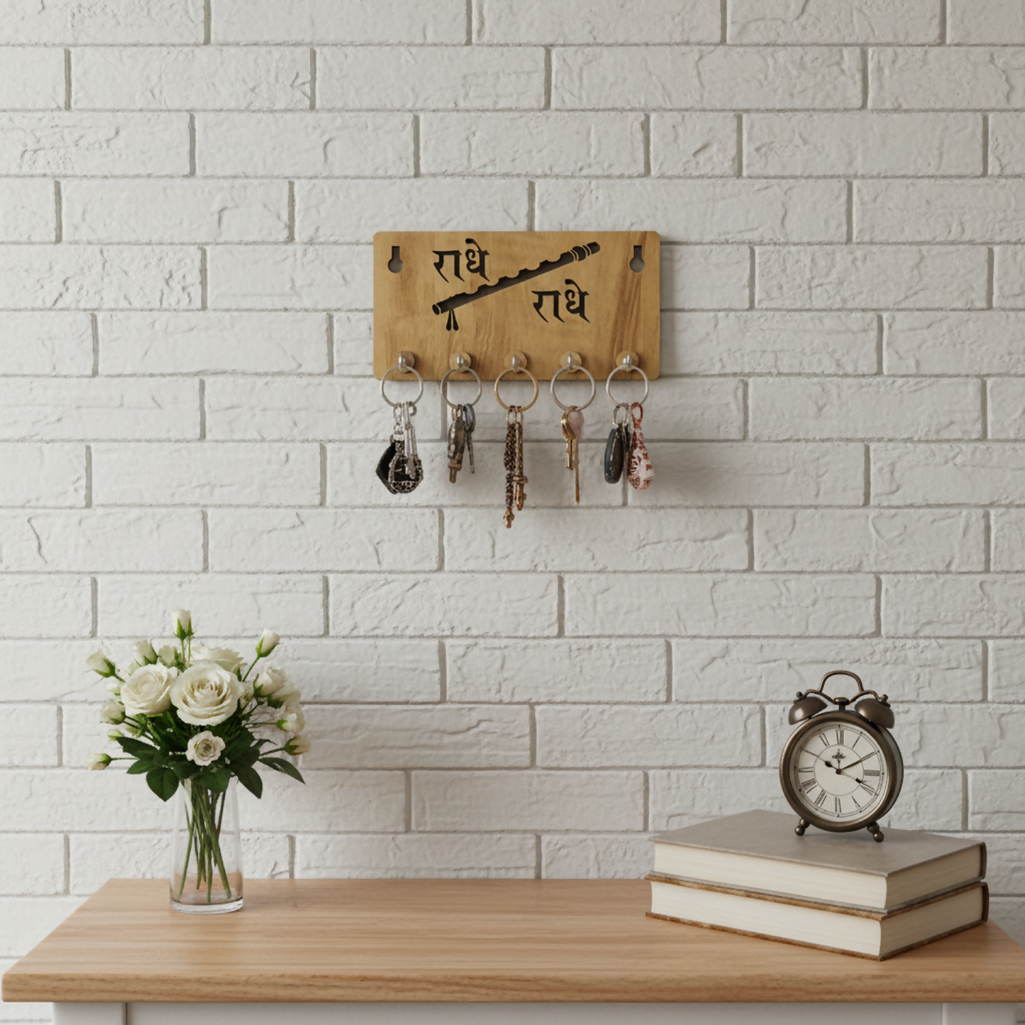 Radhe Radhe Wooden Key Holder for Wall – Krishna Devotional MDF Key Organizer with Flute Design