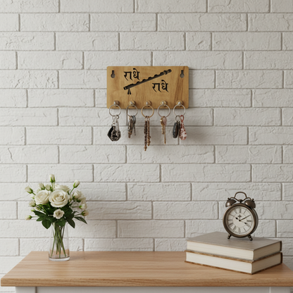 Radhe Radhe Wooden Key Holder for Wall – Krishna Devotional MDF Key Organizer with Flute Design