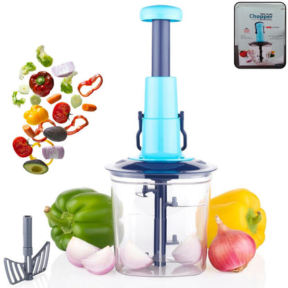 Manual hand-press vegetable chopper with 6 blades