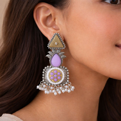 Elegant Blush Pink & Pearl Embellished Statement Drop Earrings with Antique Silver Finish and Intricate Floral Filigree Design