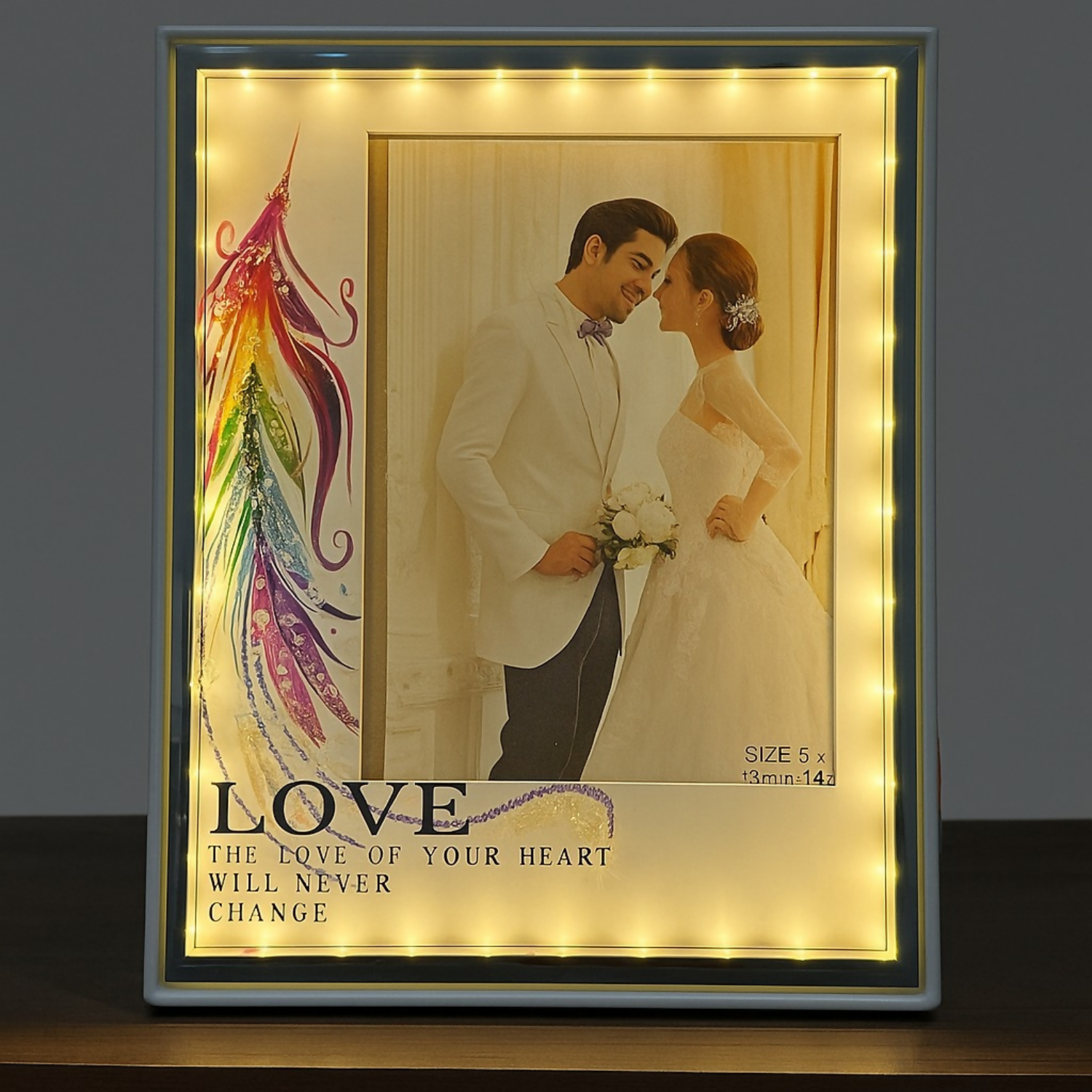 Romantic LED Love Photo Frame with Rainbow Feather Design | Warm Light Illuminated Couple Picture Frame for Anniversary, Wedding & Valentine Gifting | USB Powered Tabletop Decorative Photo Lamp for Bedroom & Home Decor