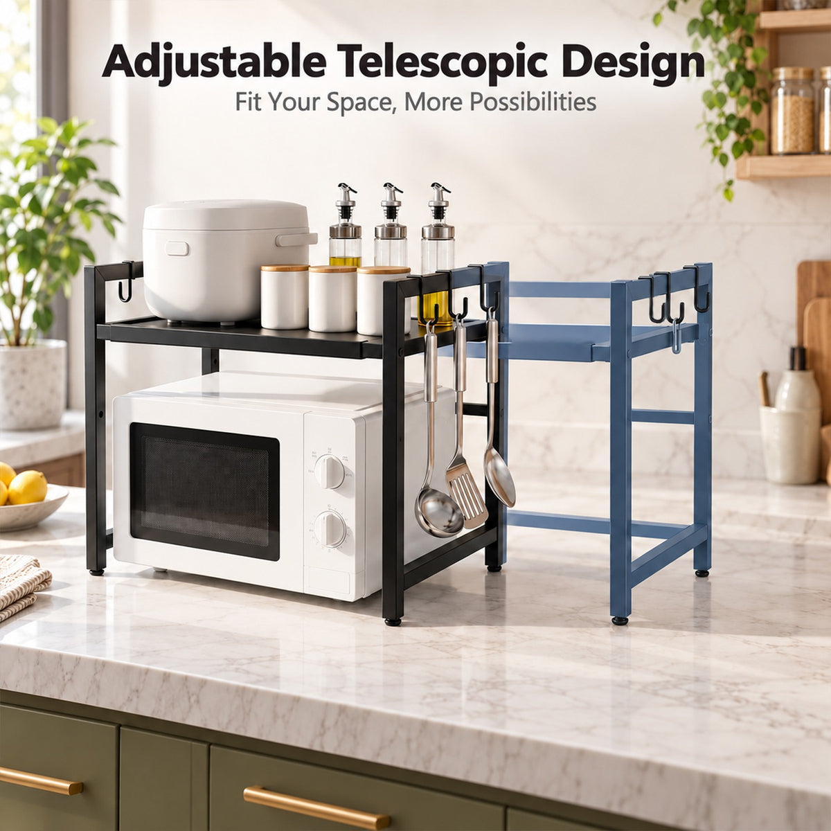 Adjustable Microwave Oven Storage Rack with Hooks for Kitchen (1 Pc)