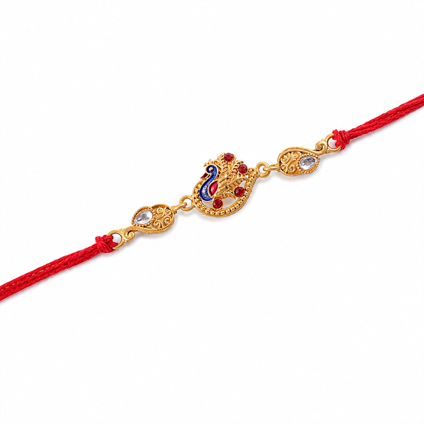 Festive Rakhi featuring Peacock Charm, pink accents and wrist style for Gift Styling
