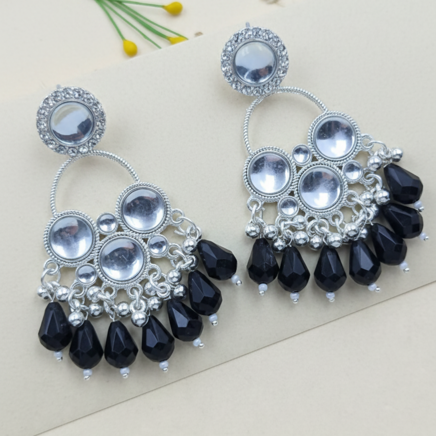 Kundan Black Pearl Silver Plated Chandbali Earrings Agate Alloy Chandbali Earring