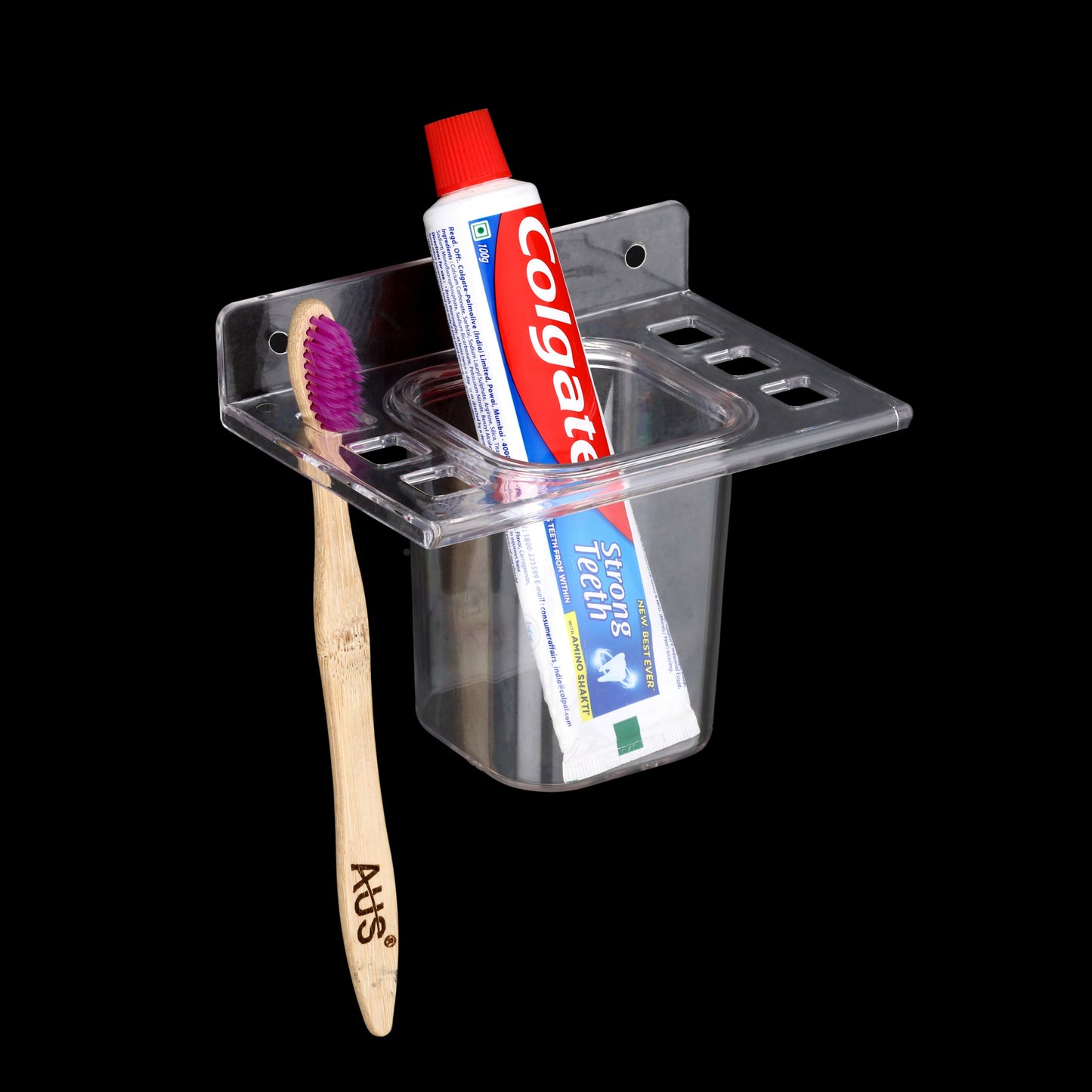 Close-up of acrylic wall mount tumbler holder showing toothbrush slots and tumbler space
