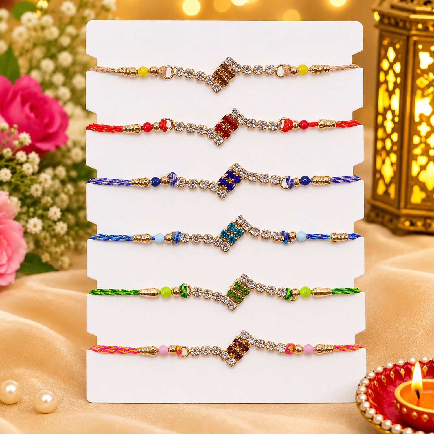 Angular Diamond Motif Rakhi with Shimmering Stones (Pack of 6)